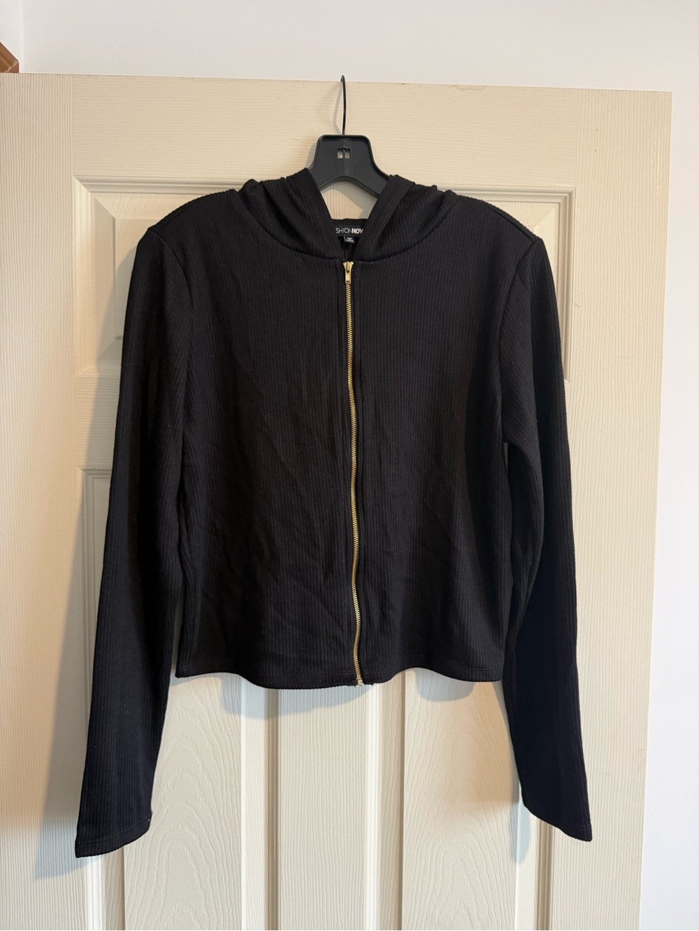 Fashion Nova Black Ribbed Zip Hoodie with Gold Zipper